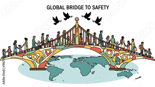 Diverse people crossing a colorful bridge over the world symbolizing global unity and safety illustration for humanitarian concepts