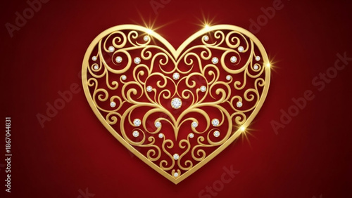 Ornate golden heart with swirling filigree and pearls elegant decorative element for Valentines Day or wedding invitations isolated on red