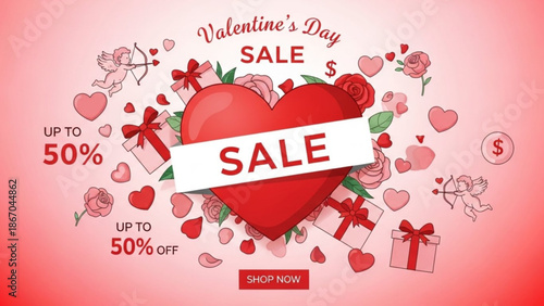 Valentines Day sale banner with heart gifts and cupid offering up to 50 off for romantic shopping and promotions