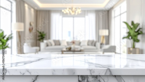 White Marble Tabletop Surface with Bright Modern Living Room Interior and Furniture Out of Focus Luxurious And