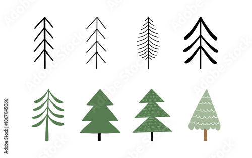 Minimalist pine tree vector set, hand drawn evergreen conifer collection on white. Vector illustration
