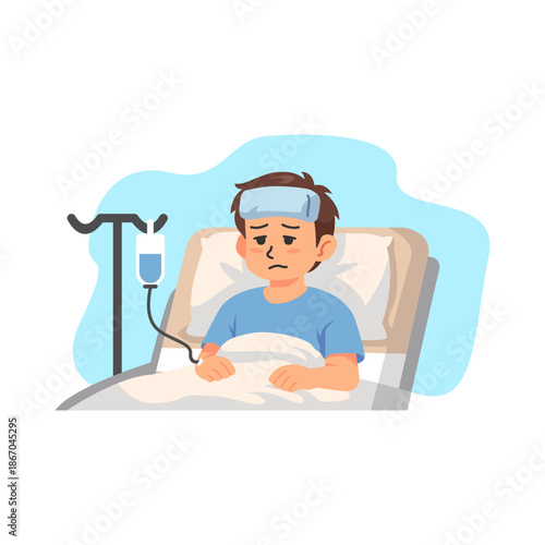 Sick Boy Lying in Bed with IV Drip and Fever Cold Compress Flat Vector Illustration