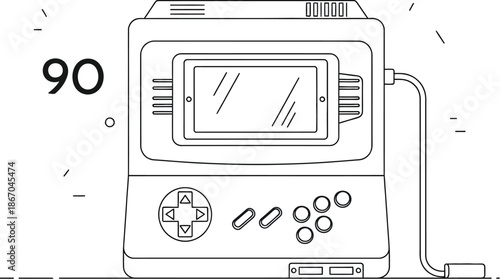 Retro handheld gaming console design concept featuring a prominent display screen dpad and action buttons symbolizing nineties arcade entertainment