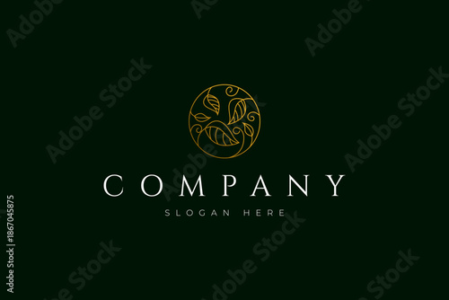 Luxury leaf ornament logo in circle frame with line art design style