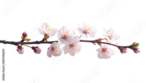 A close-up macro shot of a branch of blooming white cherry blossoms, with delicate petals and buds against a white background