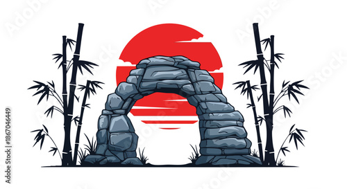 Serene Japanese stone archway illustration with bamboo plants at sunset