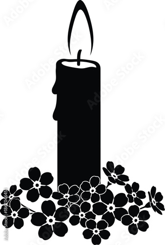 candles on black background, Elegant Black Silhouette of a Burning Candle Surrounded by Delicate Spring Flowers, Symbolic Vector Illustration for Memorial, Peace, Spirituality, Mourning, and Remembran