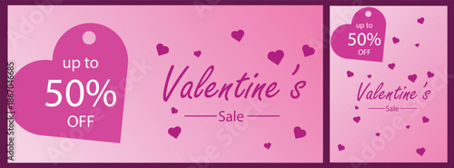 Romantic Valentine's Day sale banner and card set with elegant heart balloon, heart pattern and modern typography. Aesthetic holiday templates for seasonal retail promotion and social media marketing.