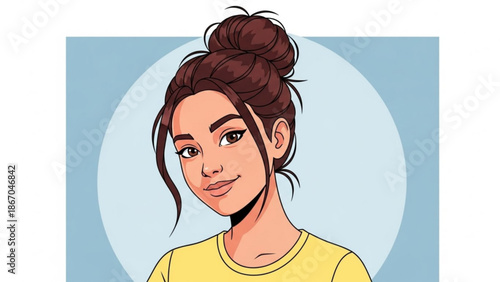 Portrait of a young woman with a messy bun hairstyle smiling confidently illustration for beauty and lifestyle concepts isolated on light blue 