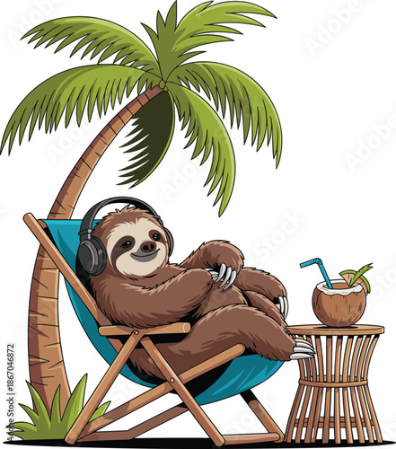 Sloth Relaxing on a Beach Chair Under a Palm Tree with Headphones and Coconut Drink