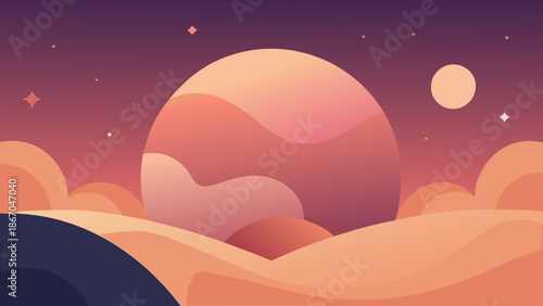 Surreal flat landscape with abstract planets, rolling hills, and a dreamy sunset sky in warm tones