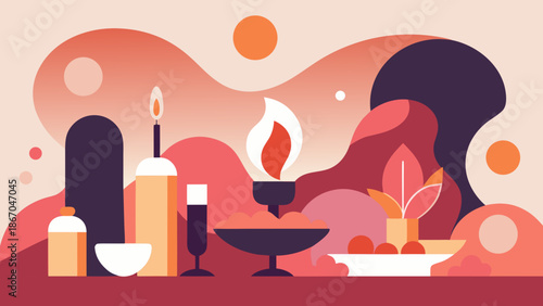 Flat abstract illustration of a cozy dinner table with candles, drinks, fruit, and warm decorative elements