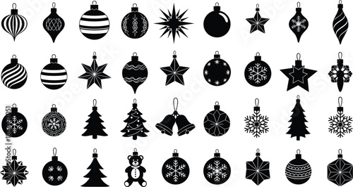 Collection of Christmas ornament silhouettes, black vector holiday baubles and stars, winter decorative elements set isolated on a white background,