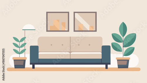 Flat illustration of a modern living room interior with sofa, houseplants, floor lamp, and framed wall art