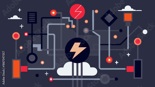 Abstract flat illustration of an electric power system with energy symbols, circuit lines, and cloud elements