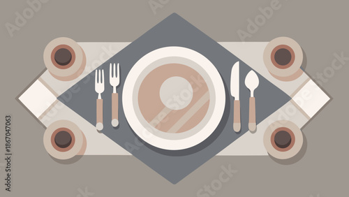 Flat top view illustration of an elegant table setting with plate, cutlery, cups, and geometric placemats