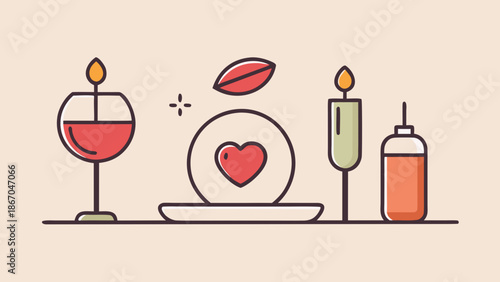 Romantic flat illustration of a dinner setting with wine, candles, heart symbol, and decorative elements