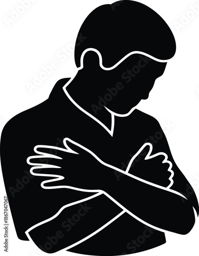 silhouette of a man, Man Crossing Arms Silhouette Vector Illustration Isolated on White Background for Body Language Psychology Self-Protection Defensiveness Emotion and Sadness Concept Graphic Design