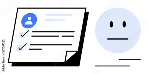 Online security, identity management, profile verification, account setup, digital data, personal information. A user profile with a checklist and an abstract face. Digital identity and online