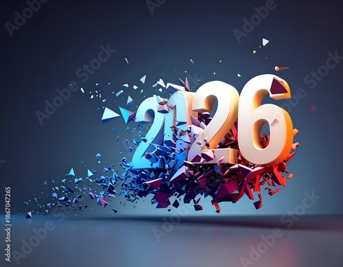 Numerical year 2126 disintegrating into vibrant blue and red shards