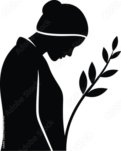 Mourning Woman Silhouette with Olive Branch Vector - Sympathy, Peace, and Remembrance Concept for Funerals and Memorials - Minimalist Black and White Graphic Illustration Art