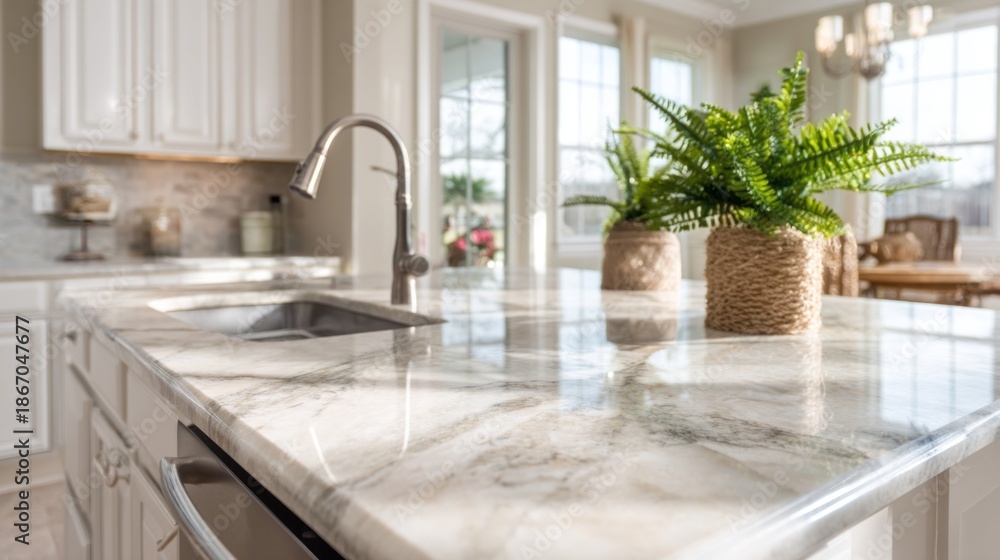 Fototapeta premium Marble countertop captures the light in a contemporary kitchen, showcasing elegant patterns and textures. Fresh plants add a touch of life to the stylish space, inviting warmth and comfort