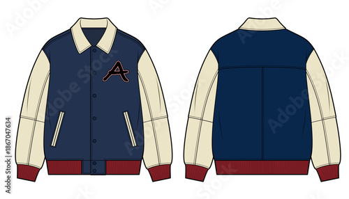 Retro Varsity Jacket Technical Fashion Illustration. Classic Letterman Jacket with Contrast Sleeves, Ribbed Collar Cuffs and Hem, Snap Button Front. Front and Back Views. Unisex CAD Mockup set.