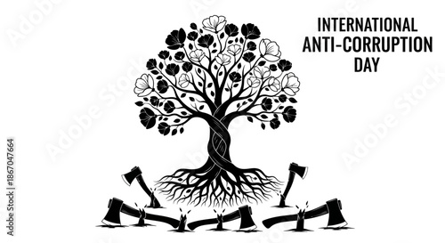 Tree with Roots and Axes Illustration.