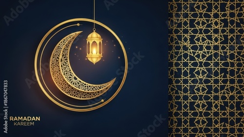 Ramadan Kareem Greeting with Gold Crescent Moon Lantern islamic arabic eid festival religion muslim