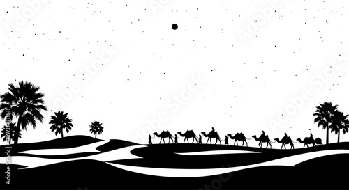 Camel Caravan Silhouette Traveling Through Desert Landscape.
