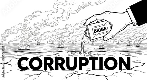 Hand holding bribe amidst corruption illustration.
