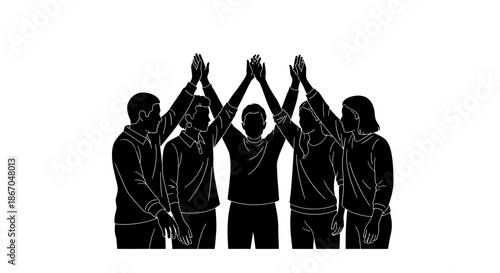 Group of People Standing Together Hands Raised.