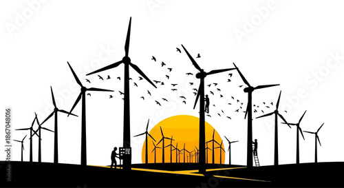 Wind Turbines Generating Electricity at Sunset.