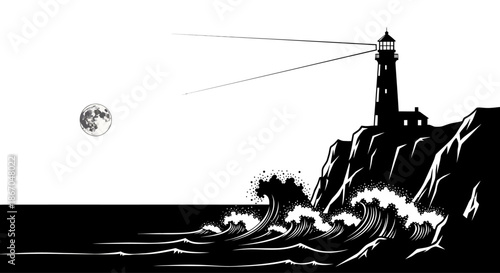 Lighthouse Standing on Rocky Coastline.