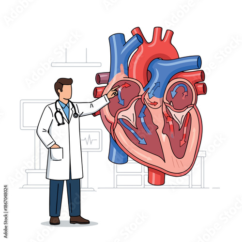 Illustration of a male doctor pointing at a detailed anatomical heart model in a medical setting with a clean white background and educational mood.