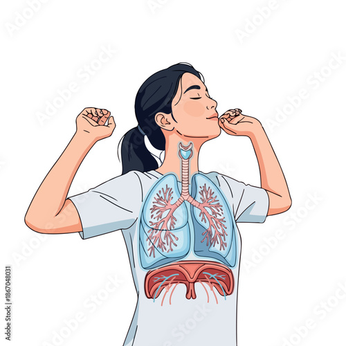 Illustration of a young woman with her hands raised to her face and neck, wearing a t-shirt with a detailed illustration of lungs and trachea on a plain white background.