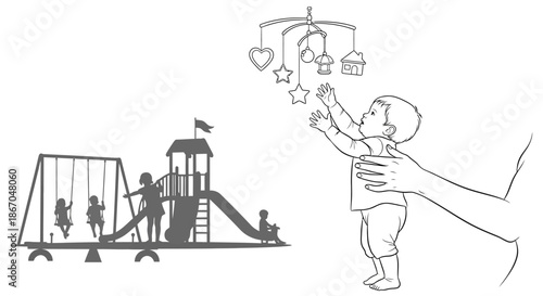 Baby Reaching for Mobile Toys Playfully.