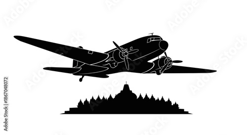 Vintage Airplane Flying Over Mountain Range Silhouette.
