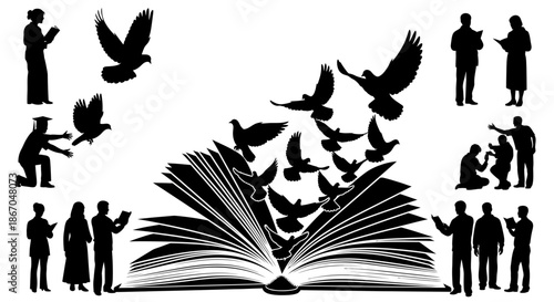 Open book with birds and people silhouettes.