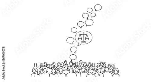 Crowd of People Reaching for Justice Symbol.