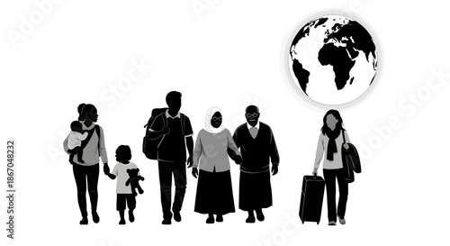 Group of People Silhouettes with Luggage and Globe.