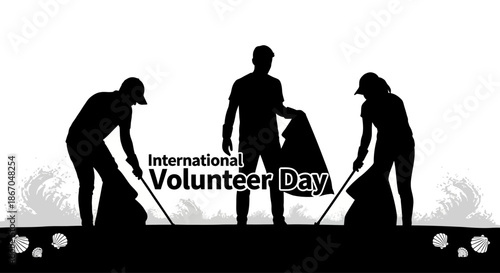 Silhouetted Volunteers Cleaning Together International Volunteer Day.