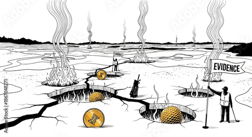 Polluted Landscape with Evidence Sign and Waste.