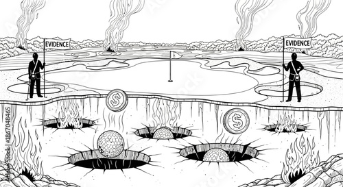 Golfers Playing on Damaged Golf Course.