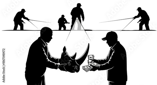 Men Dehorning Rhinoceros Conservation Efforts Silhouette.