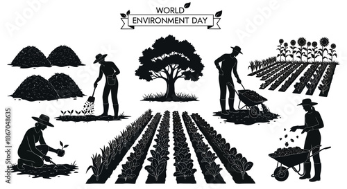 Farmers Working in the Fields Silhouettes.