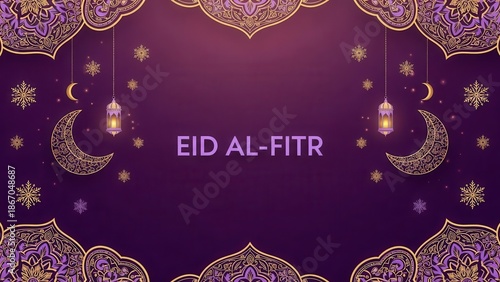 Eid al-Fitr celebration background with purple and gold decorations alfitr ramadan islamic holiday crescent