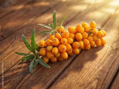 Sea buckthorn berries with leaves on wooden surface illuminated by warm sunlight