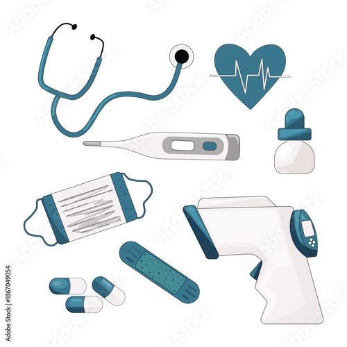 flat medical equipment set with stethoscope, mask, pills and thermometer