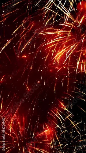 4K. loop seamless of real fireworks background golden shining fireworks with bokeh lights in the night sky. glowing fireworks show. New year's eve fireworks celebration multiple colors 
